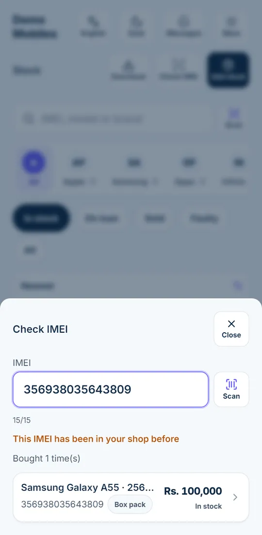 IMEI check: this IMEI has been in your shop before